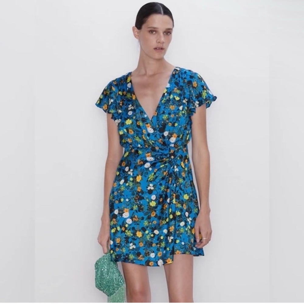 Zara Floral Blue Floral Satin Wrap dress